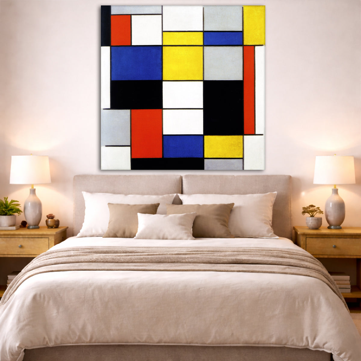 Piet Mondrian - Composition A Giclée canvas print displayed above a bed in a bedroom interior