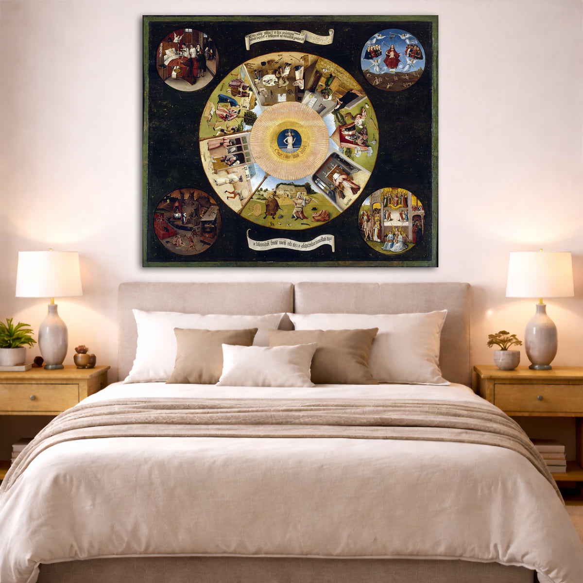 Hieronymus Bosch - Seven Deadly Sins Giclée canvas print displayed above a bed in a bedroom interior