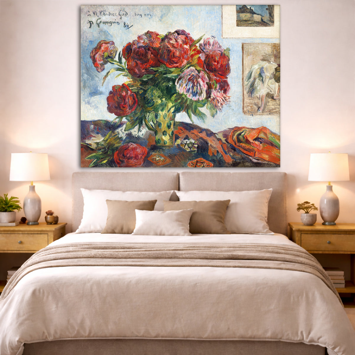 Paul Gauguin - Still Life with Peonies Giclée canvas print displayed above a bed in a bedroom interior