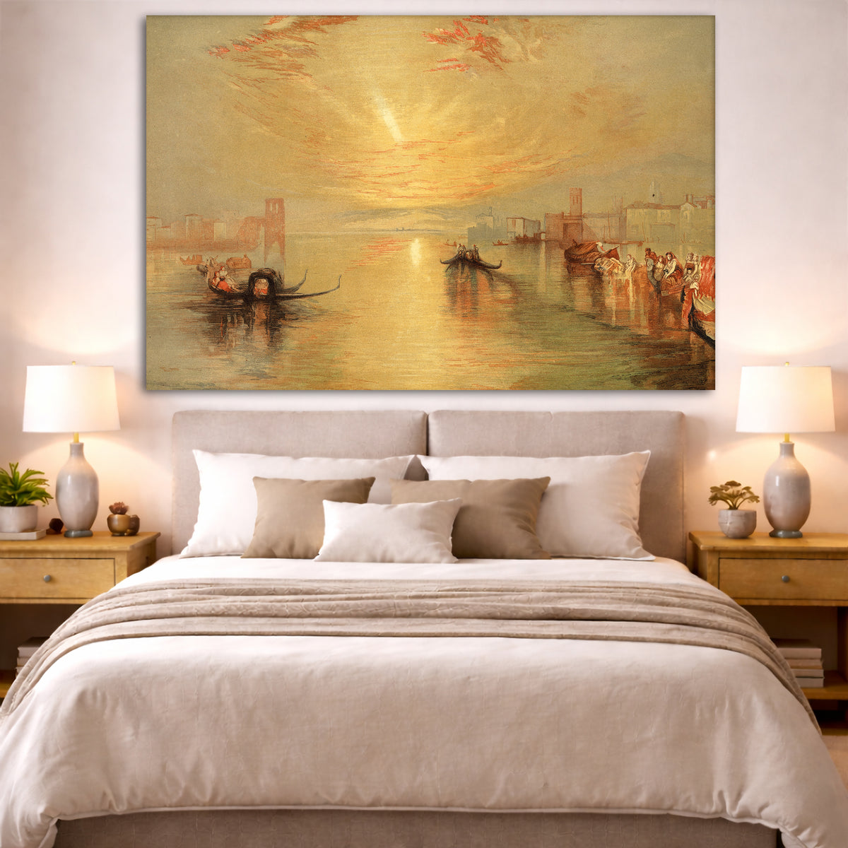 William Turner - Approach to Venice Giclée canvas print displayed above a bed in a bedroom interior