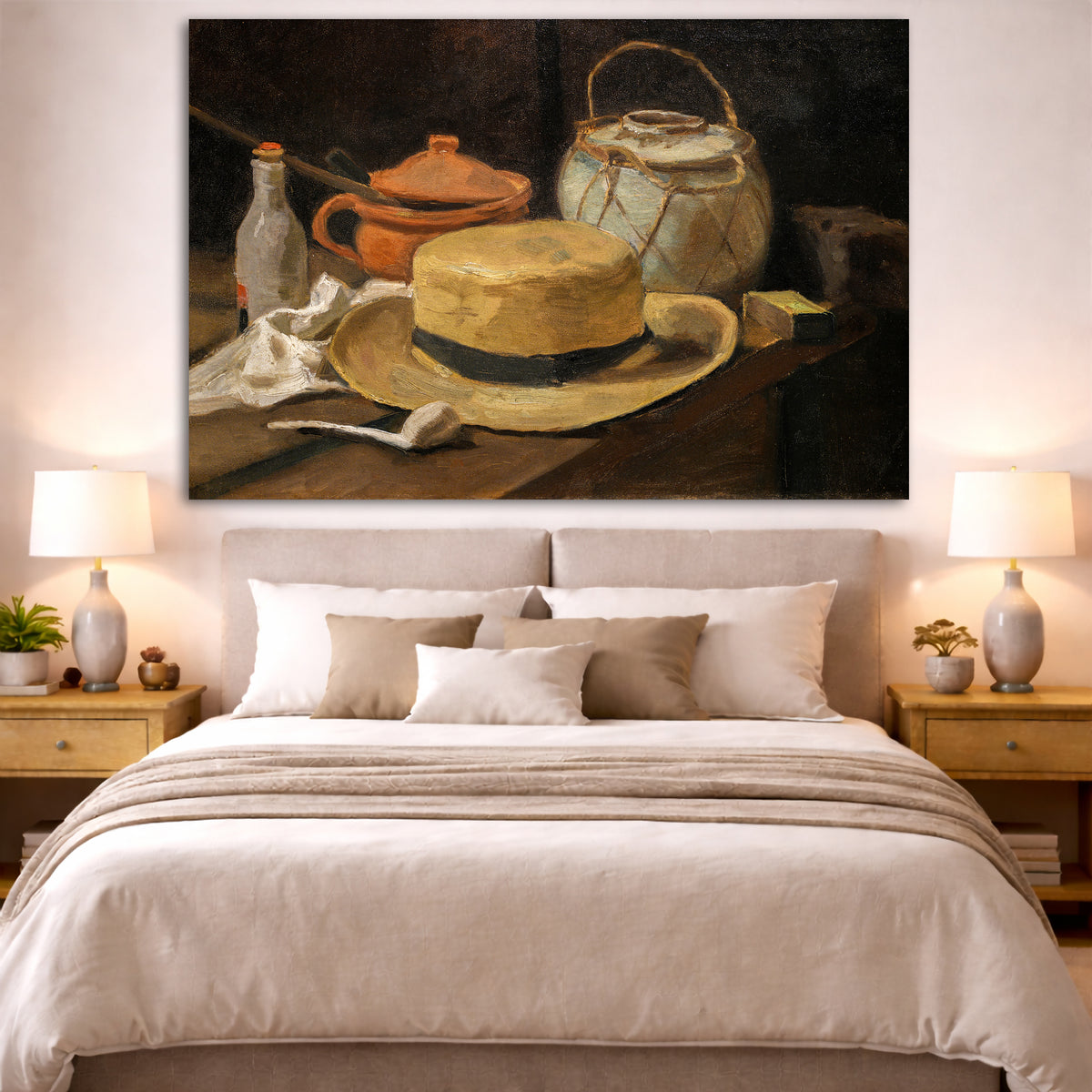 Vincent van Gogh - Still Life with Yellow Straw Hat Giclée canvas print displayed above a bed in a bedroom interior