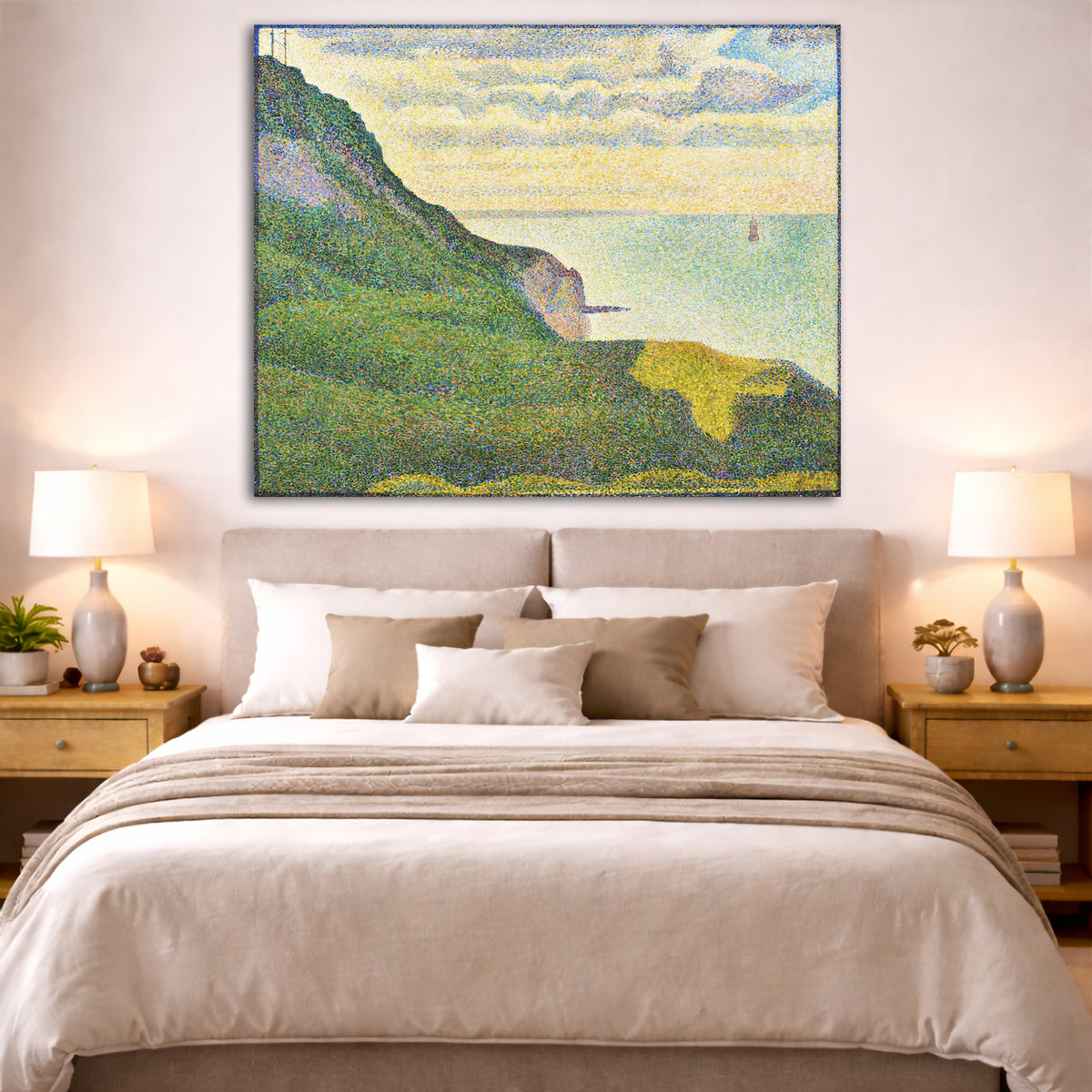 Georges Seurat - Seascape at Port-en-Bessin, Normandy Giclée canvas print displayed above a bed in a bedroom interior