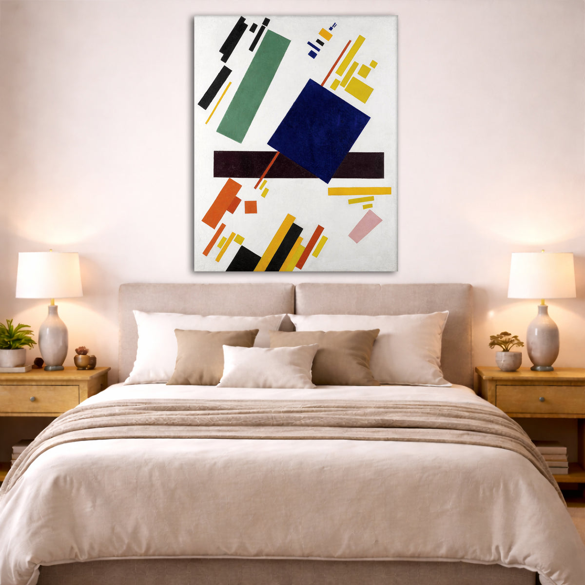 Kazimir Malevich - Suprematist Composition Lot.6 Giclée canvas print displayed above a bed in a bedroom interior
