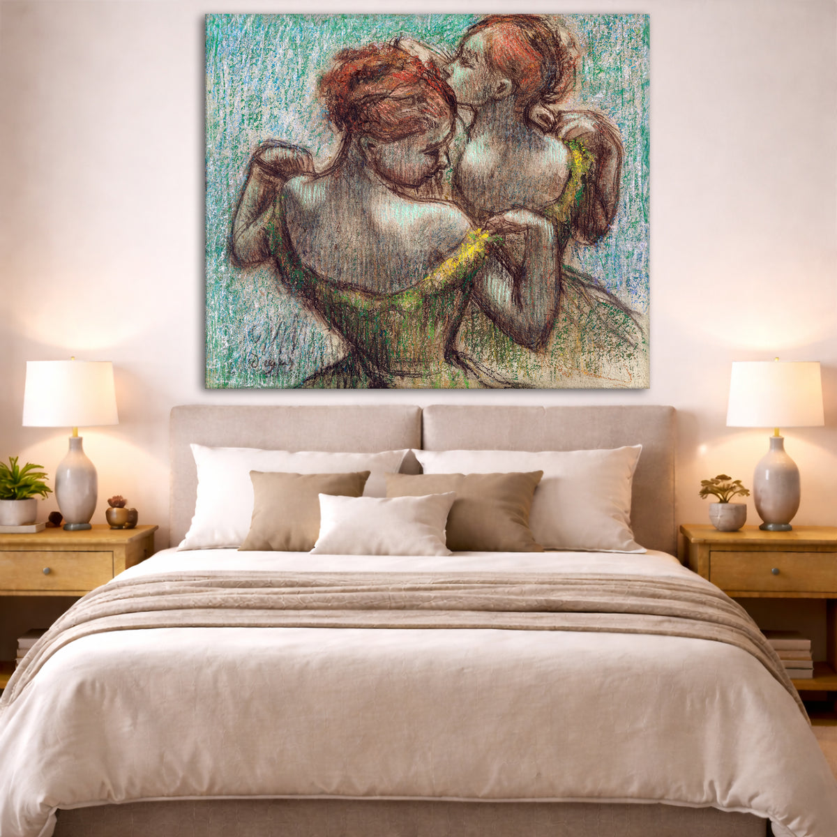 Edgar Degas - Two Dancers in Green Giclée canvas print displayed above a bed in a bedroom interior