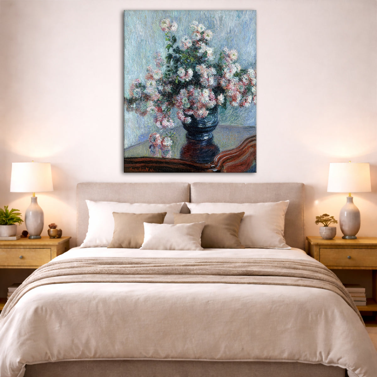 Claude Monet - Chrysanthemums Giclée canvas print displayed above a bed in a bedroom interior