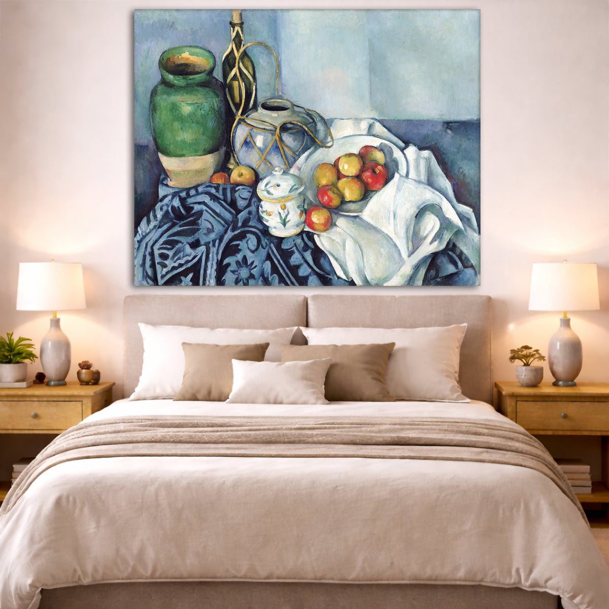 Paul Cézanne - Still Life with Apples Giclée canvas print displayed above a bed in a bedroom interior