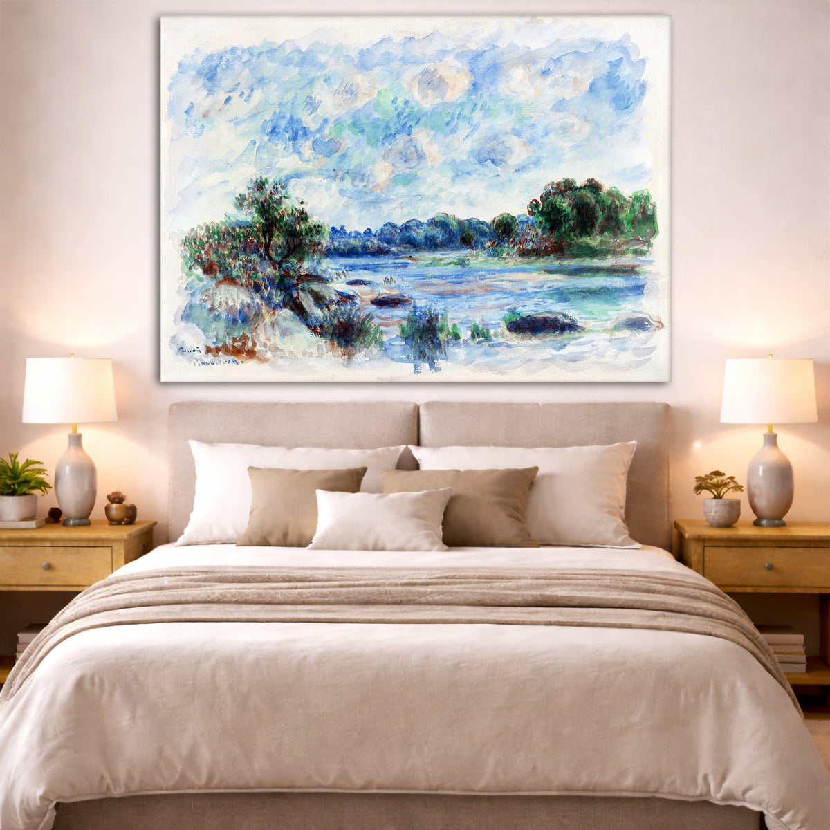 Pierre-Auguste Renoir - Landscape at Pont-Aven Giclée canvas print displayed above a bed in a bedroom interior