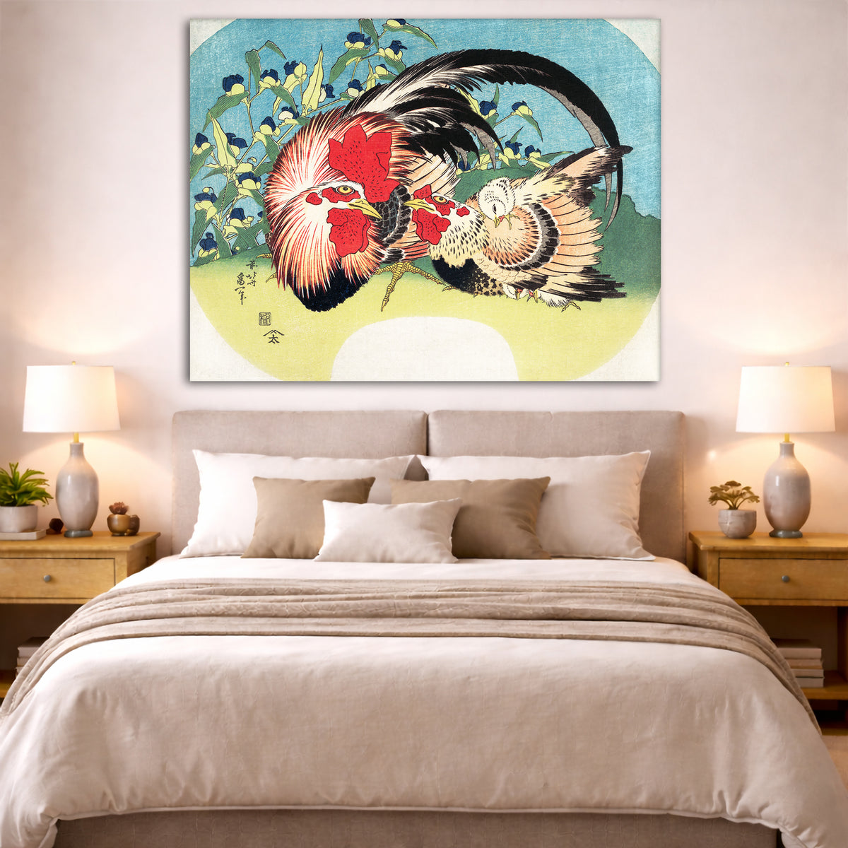Katsushika Hokusai - Rooster Hen Chick Giclée canvas print displayed above a bed in a bedroom interior