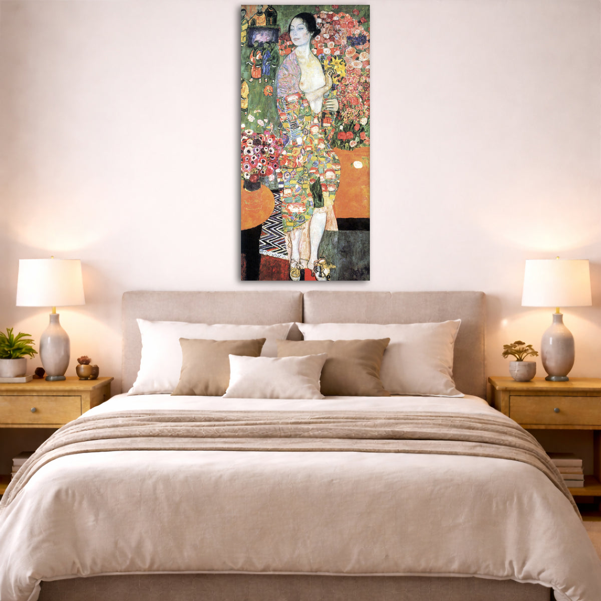 Gustav Klimt - The Dancer Giclée canvas print displayed above a bed in a bedroom interior