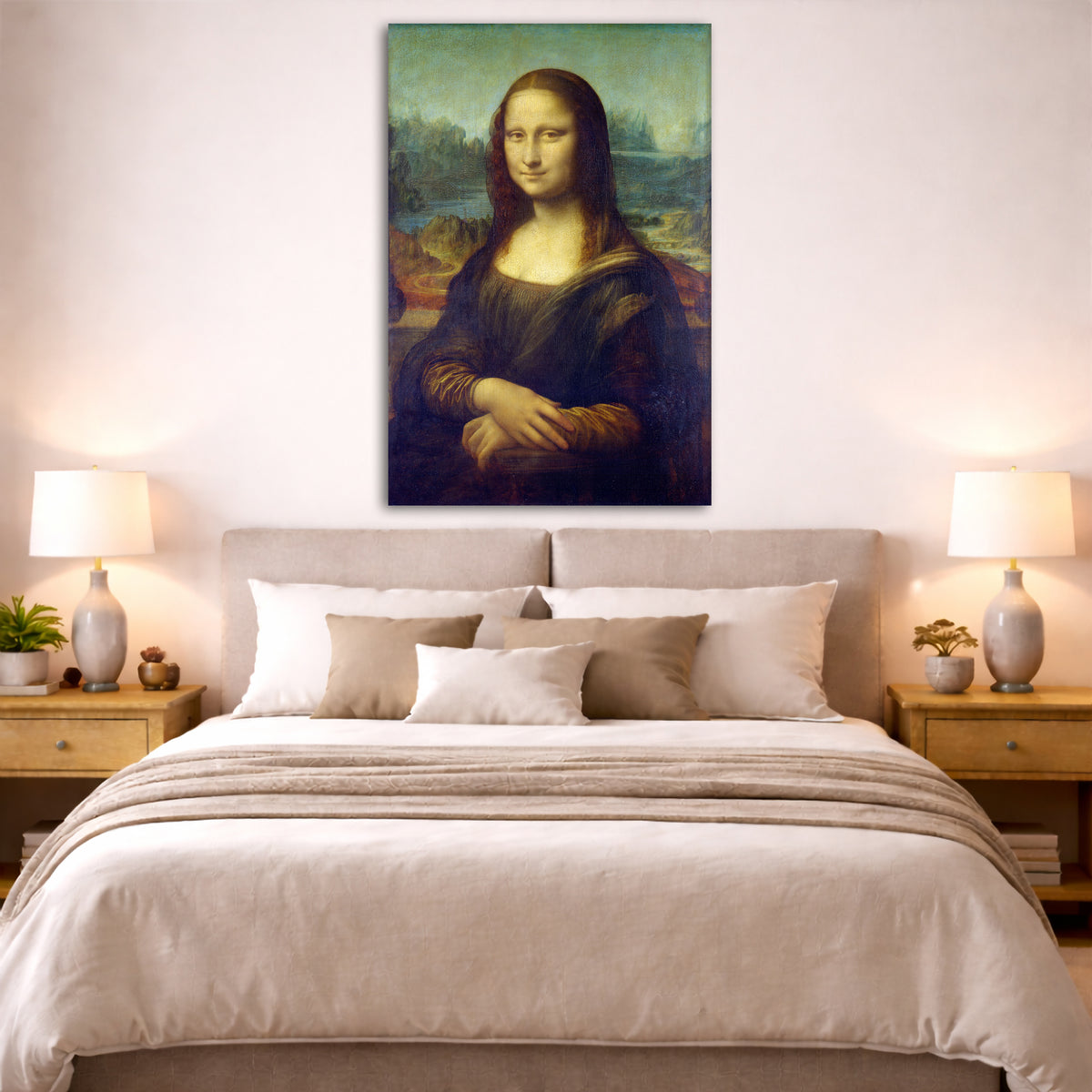 Leonardo Da Vinci - Monalisa Giclée canvas print displayed above a bed in a bedroom interior