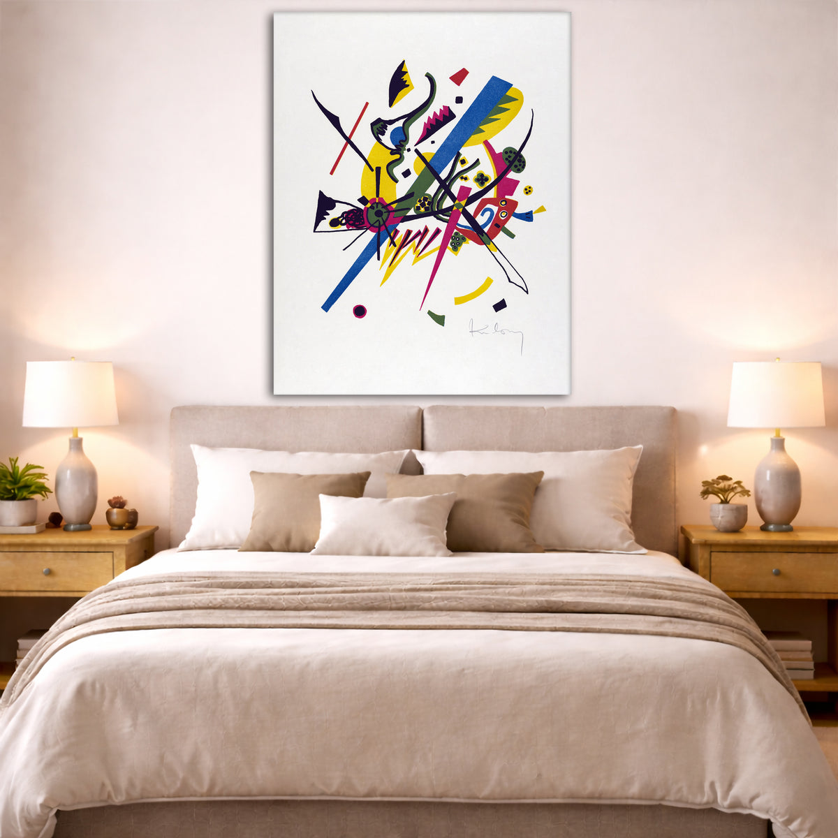 Wassily Kandinsky - Small Worlds I Giclée canvas print displayed above a bed in a bedroom interior