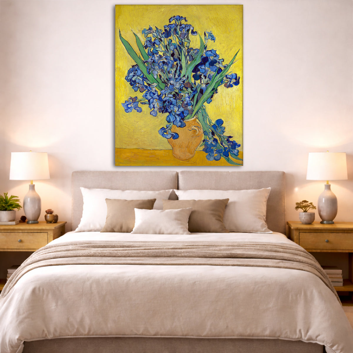 Vincent van Gogh - Irises Giclée canvas print displayed above a bed in a bedroom interior