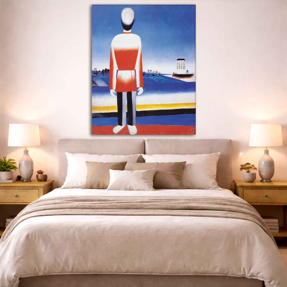 Kazimir Malevich - Man in Suprematist Giclée canvas print displayed above a bed in a bedroom interior
