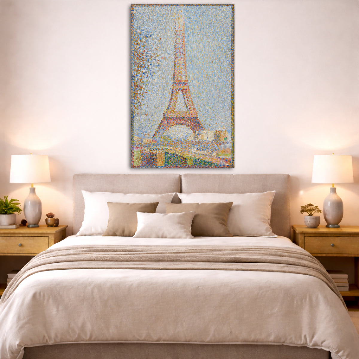 Georges Seurat - Eiffel Tower Giclée canvas print displayed above a bed in a bedroom interior