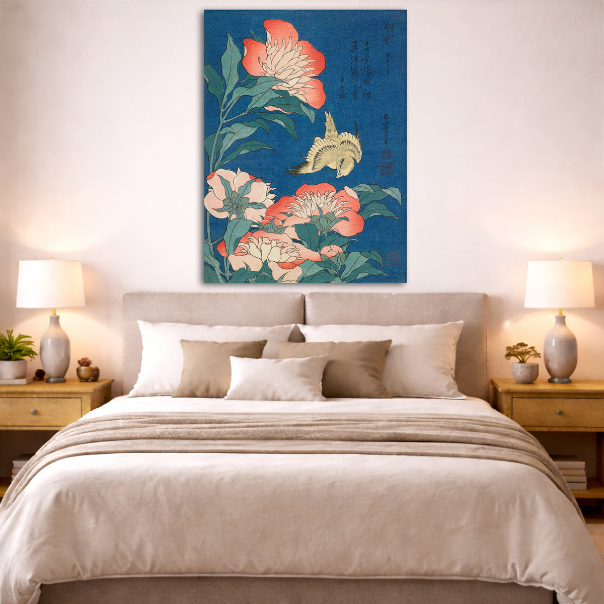 Katsushika Hokusai - Peonies and Canary Giclée canvas print displayed above a bed in a bedroom interior