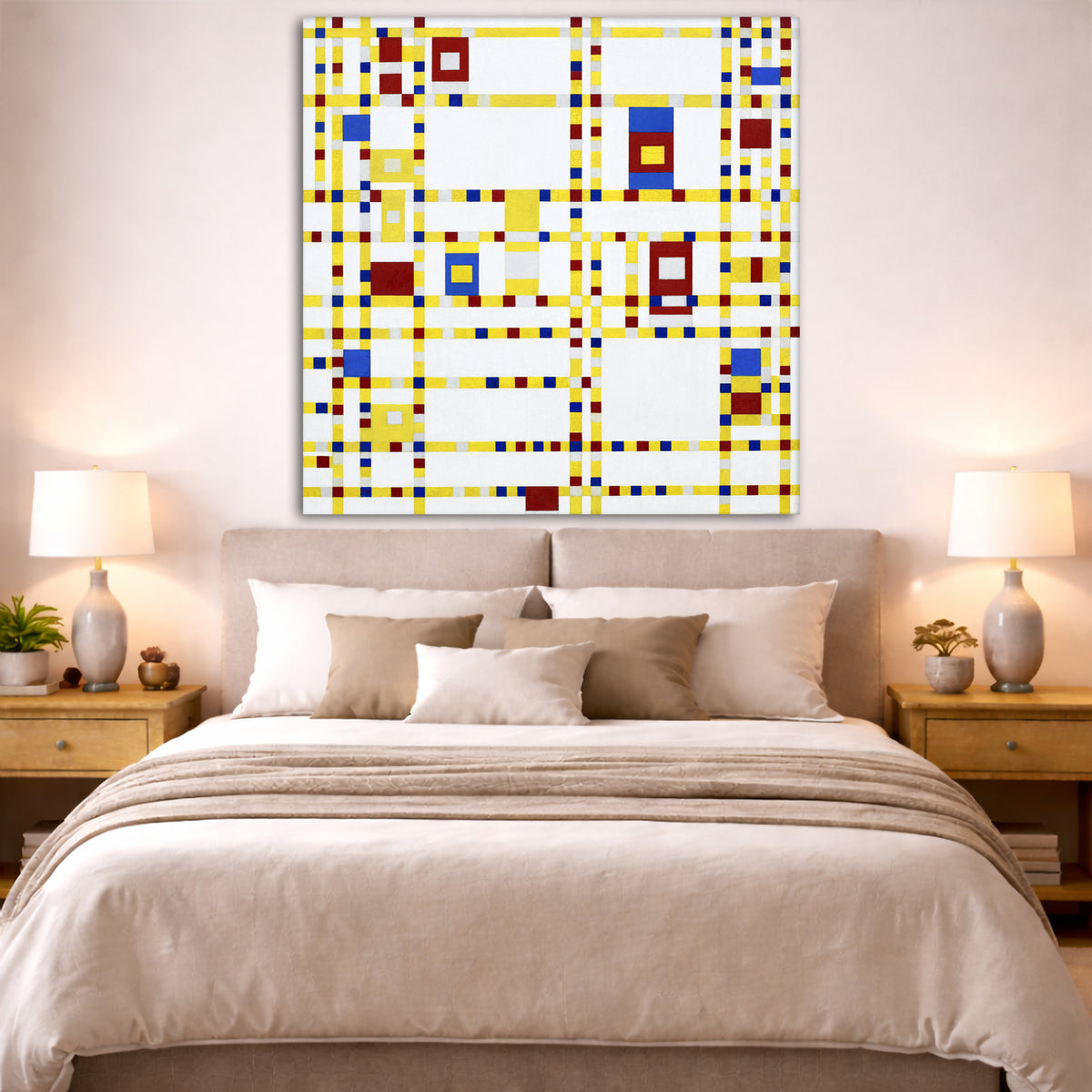 Piet Mondrian - Broadway Boogie Woogie Giclée canvas print displayed above a bed in a bedroom interior