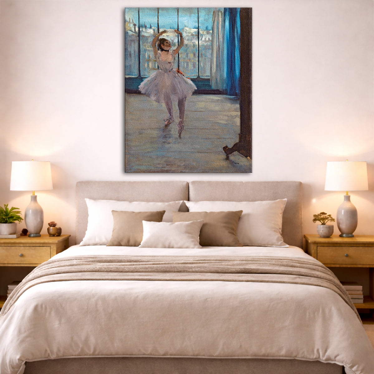 Edgar Degas - Dancer Posing Giclée canvas print displayed above a bed in a bedroom interior