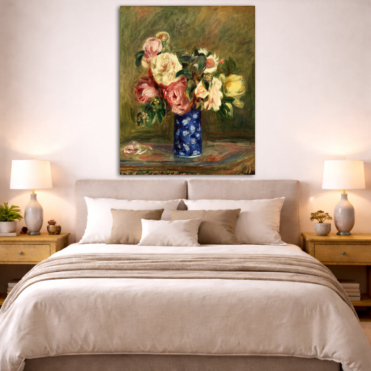 Pierre-Auguste Renoir - Bouquet of Roses Giclée canvas print displayed above a bed in a bedroom interior