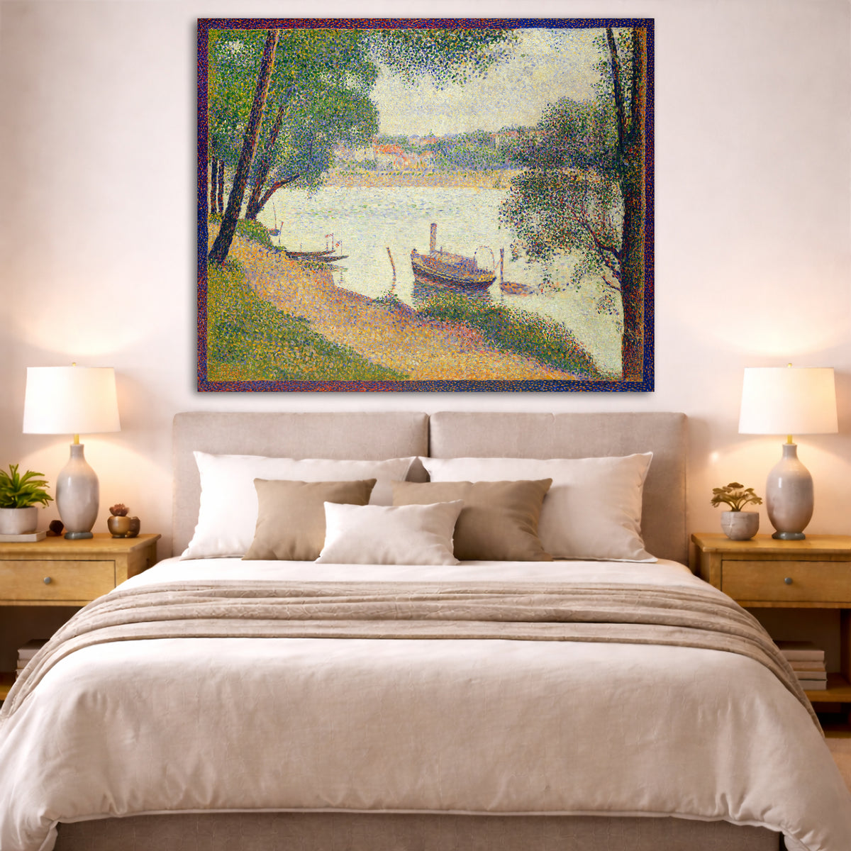 Georges Seurat - Gray Weather Giclée canvas print displayed above a bed in a bedroom interior
