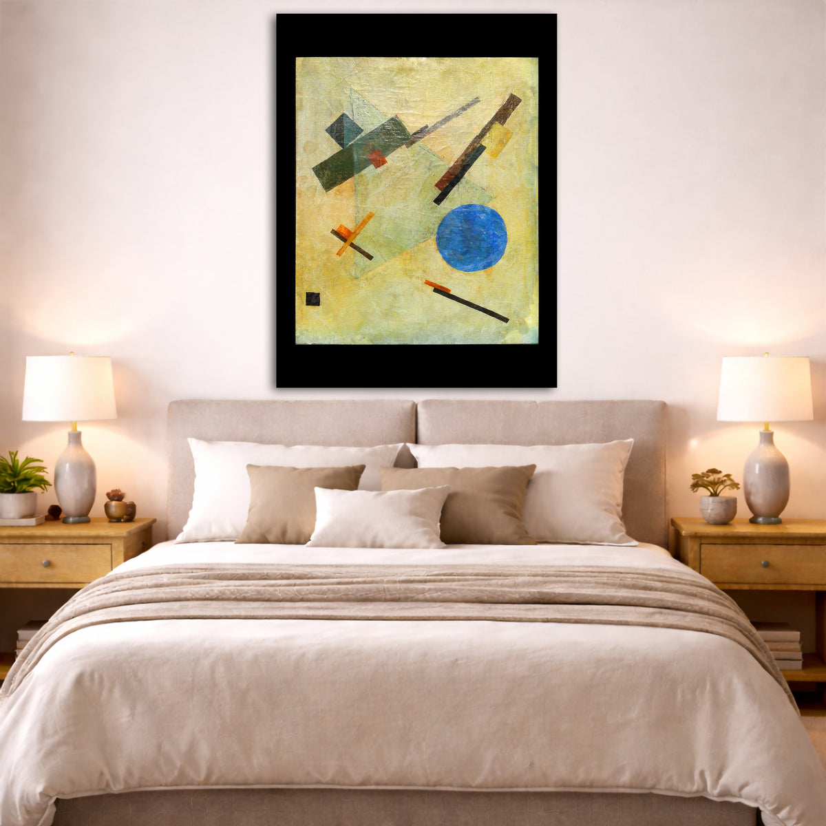 Kazimir Malevich - Suprematist Composition 1916 Giclée canvas print displayed above a bed in a bedroom interior