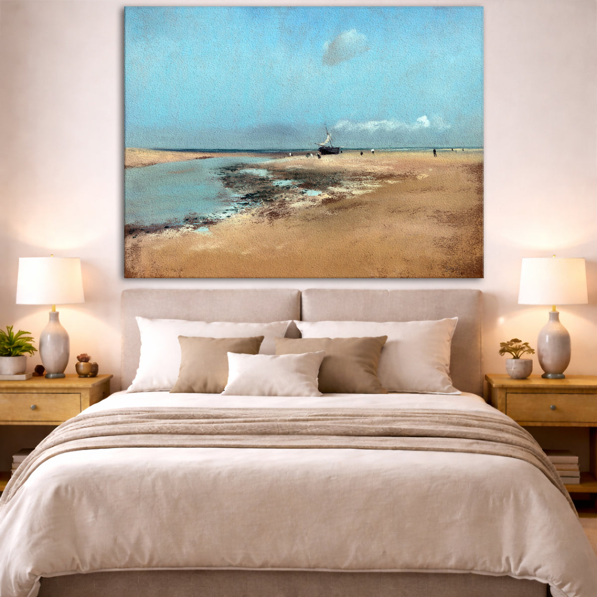 Edgar Degas - Beach at Low Tide Giclée canvas print displayed above a bed in a bedroom interior