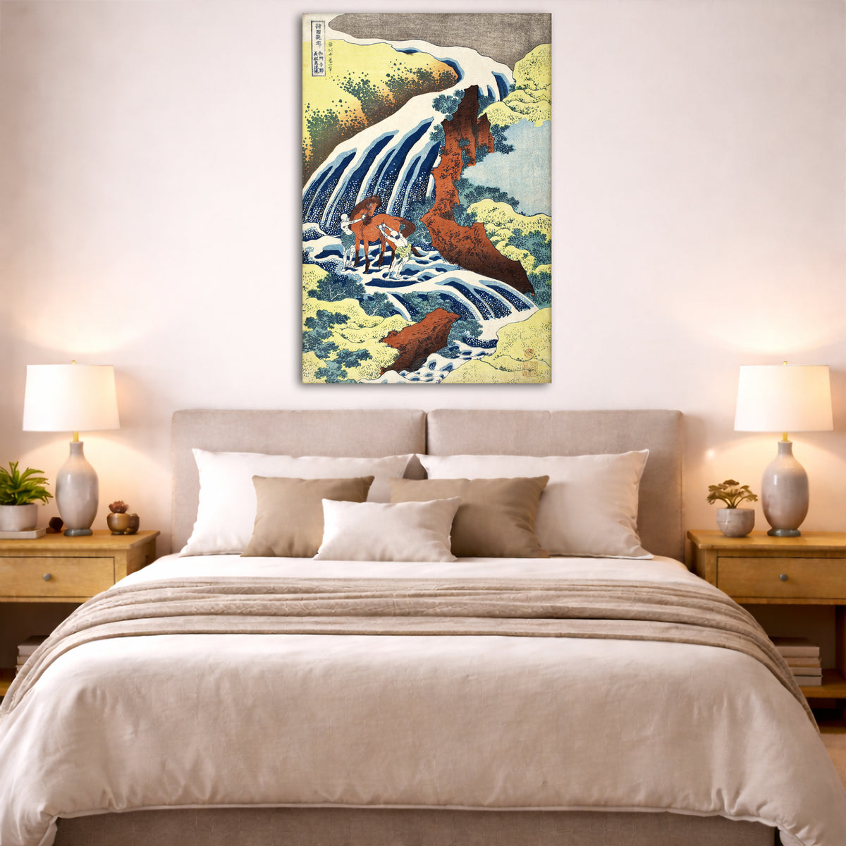 Katsushika Hokusai - Yoshitsune Waterfall Giclée canvas print displayed above a bed in a bedroom interior