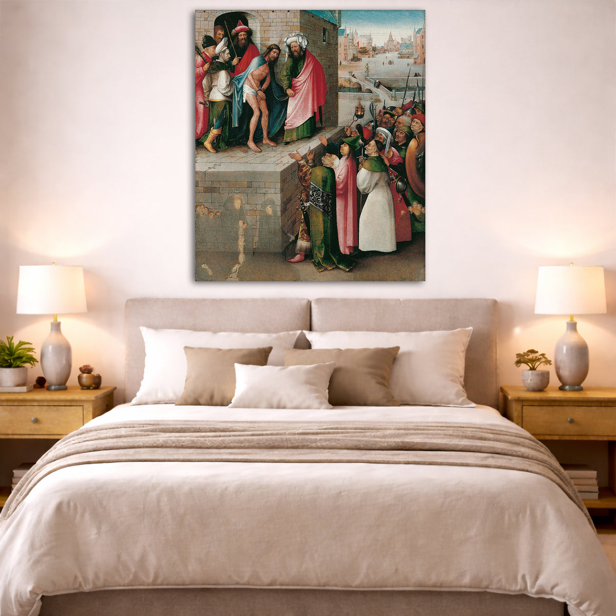 Hieronymus Bosch - Ecco Homo Giclée canvas print displayed above a bed in a bedroom interior