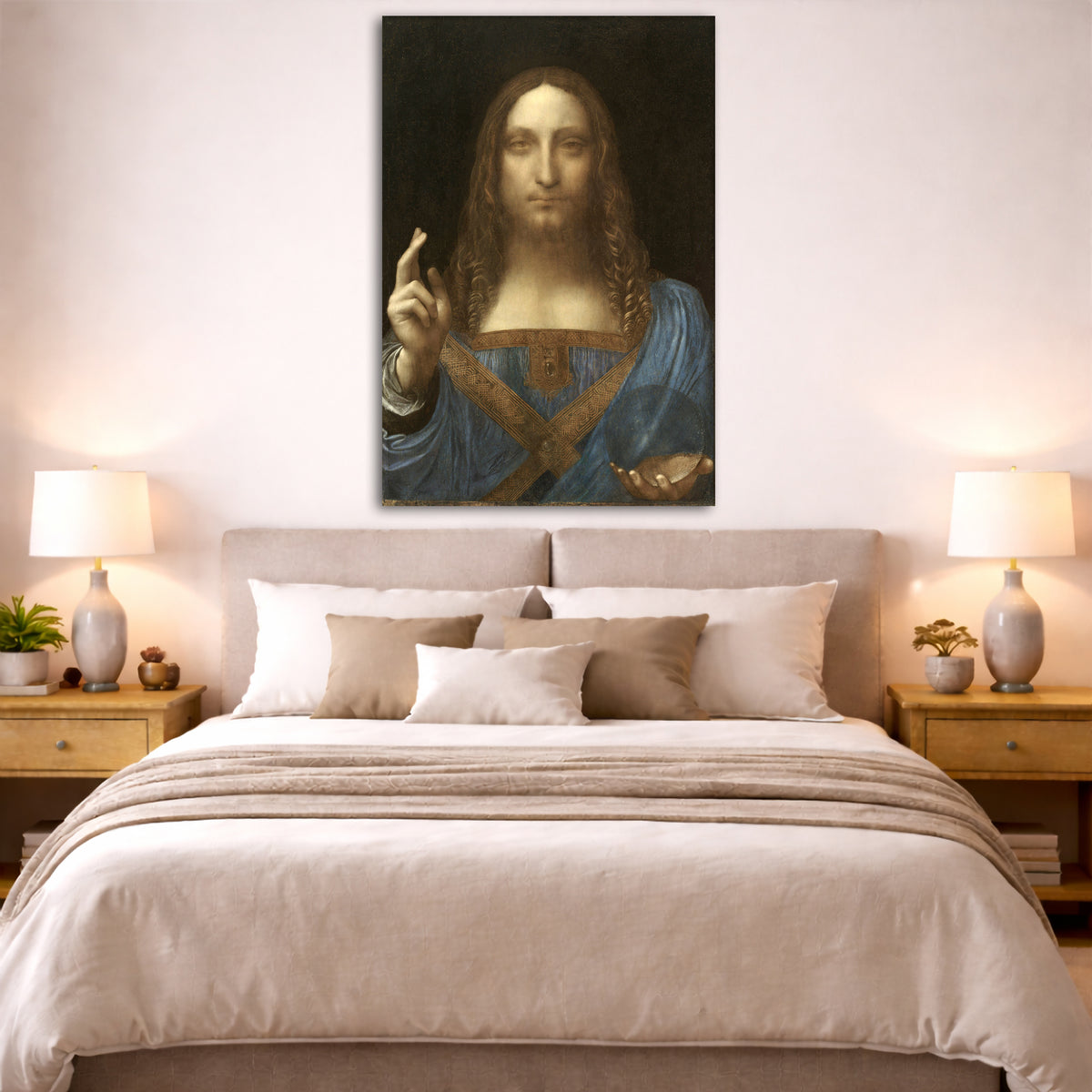 Leonardo Da Vinci - Salvator Mundi Giclée canvas print displayed above a bed in a bedroom interior