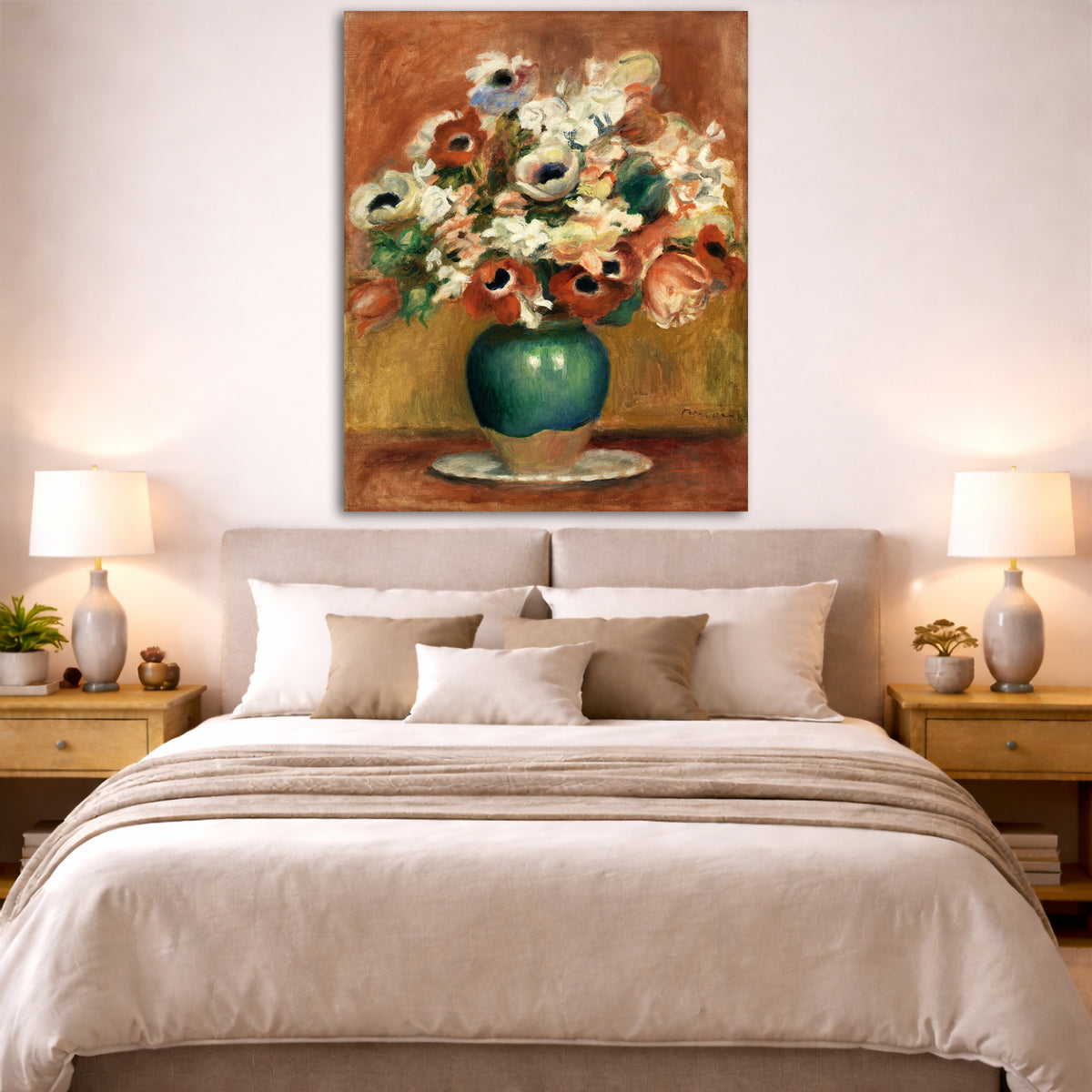 Pierre-Auguste Renoir - Flowers Giclée canvas print displayed above a bed in a bedroom interior