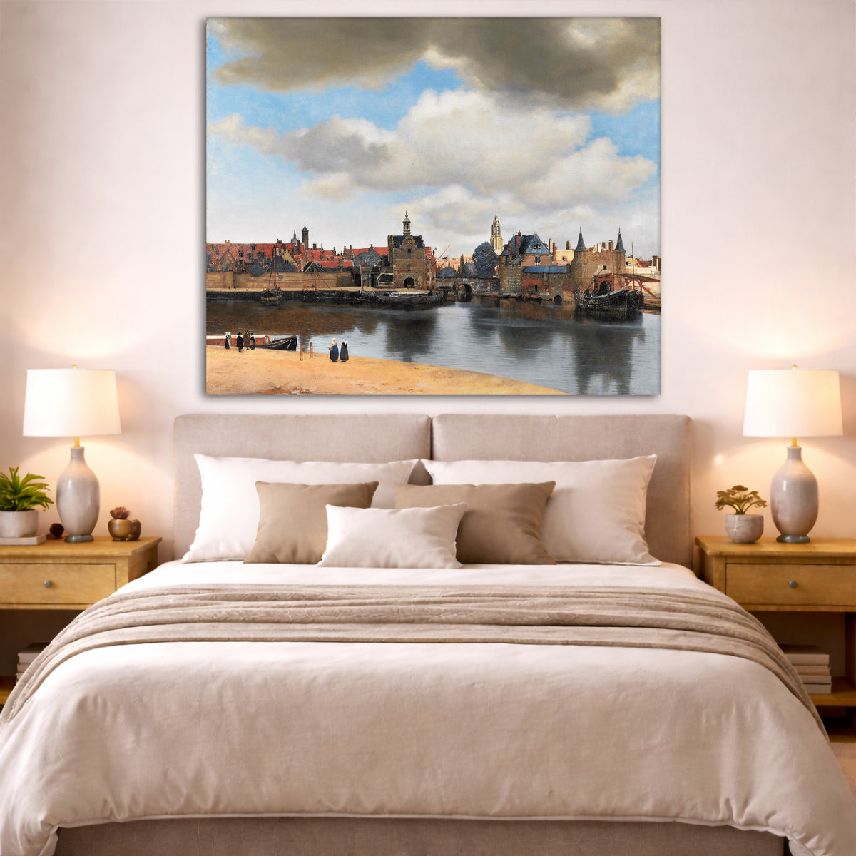 Jan Vermeer - View of Delft Giclée canvas print displayed above a bed in a bedroom interior