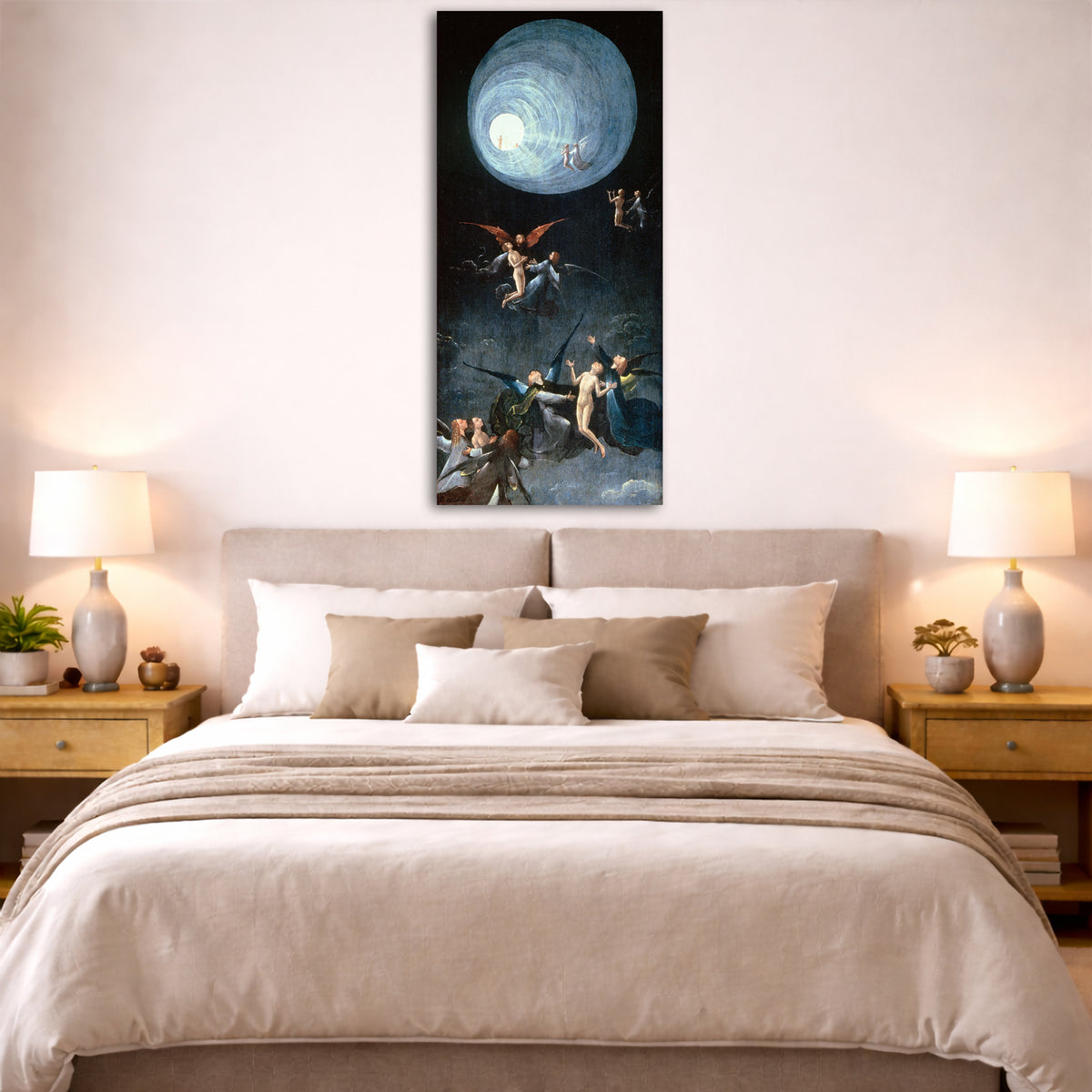 Hieronymus Bosch - Ascent of the Blessed Giclée canvas print displayed above a bed in a bedroom interior