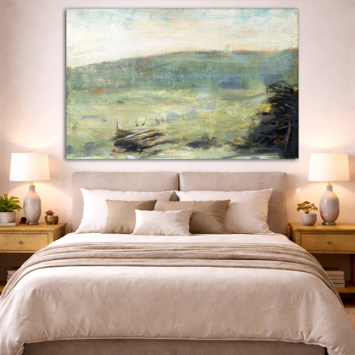 Georges Seurat - Landscape at Saint-Ouen Giclée canvas print displayed above a bed in a bedroom interior