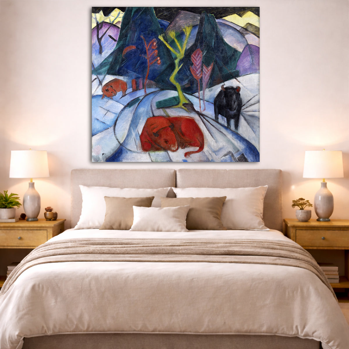 Franz Marc - Red Bison in Winter Giclée canvas print displayed above a bed in a bedroom interior