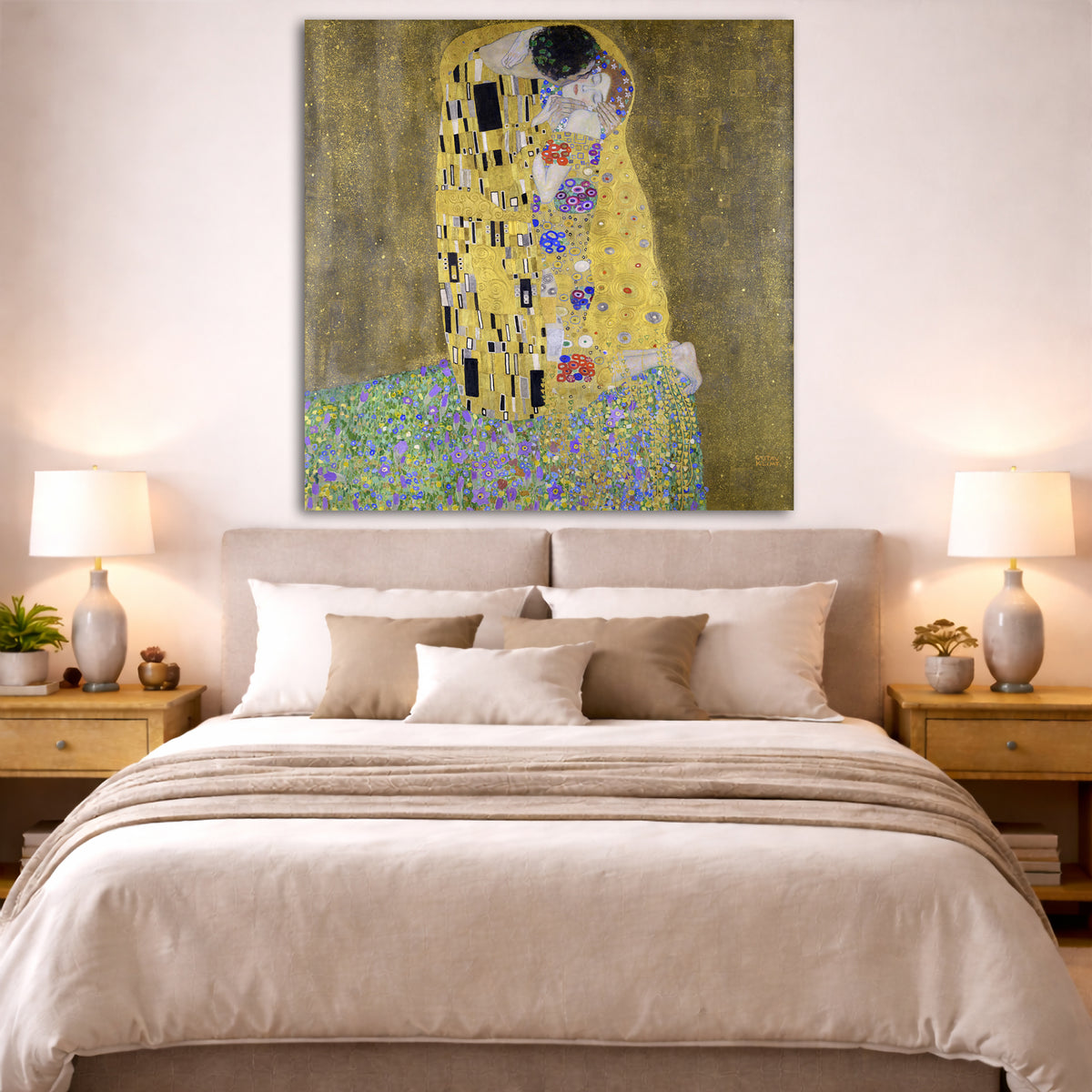 Gustav Klimt - The Kiss Giclée canvas print displayed above a bed in a bedroom interior