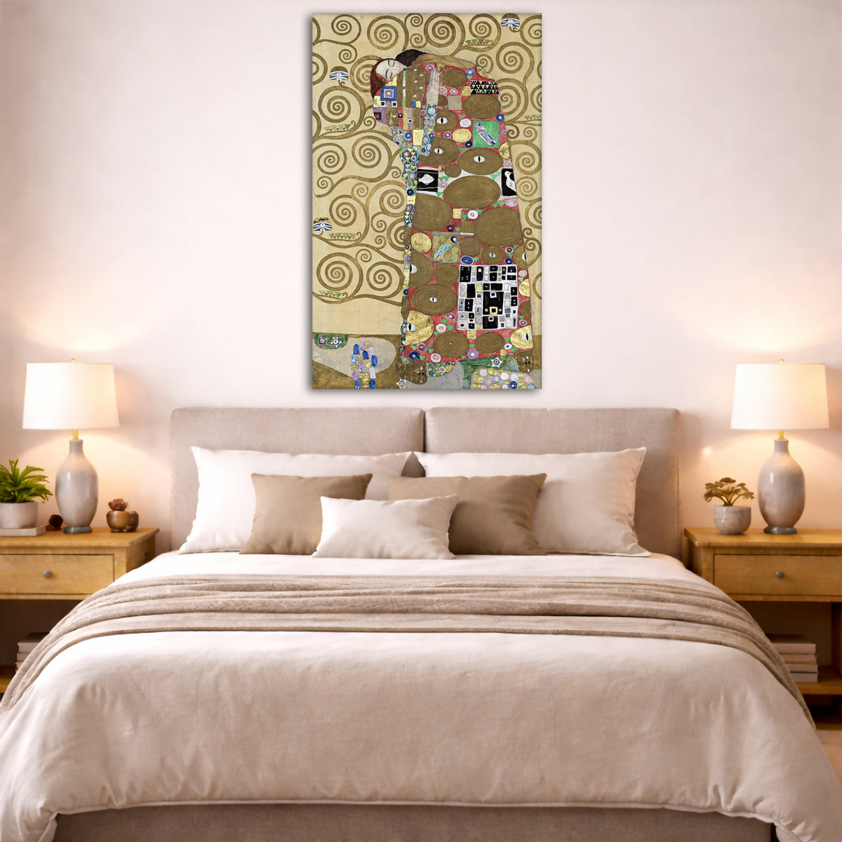 Gustav Klimt - Fulfillment Giclée canvas print displayed above a bed in a bedroom interior
