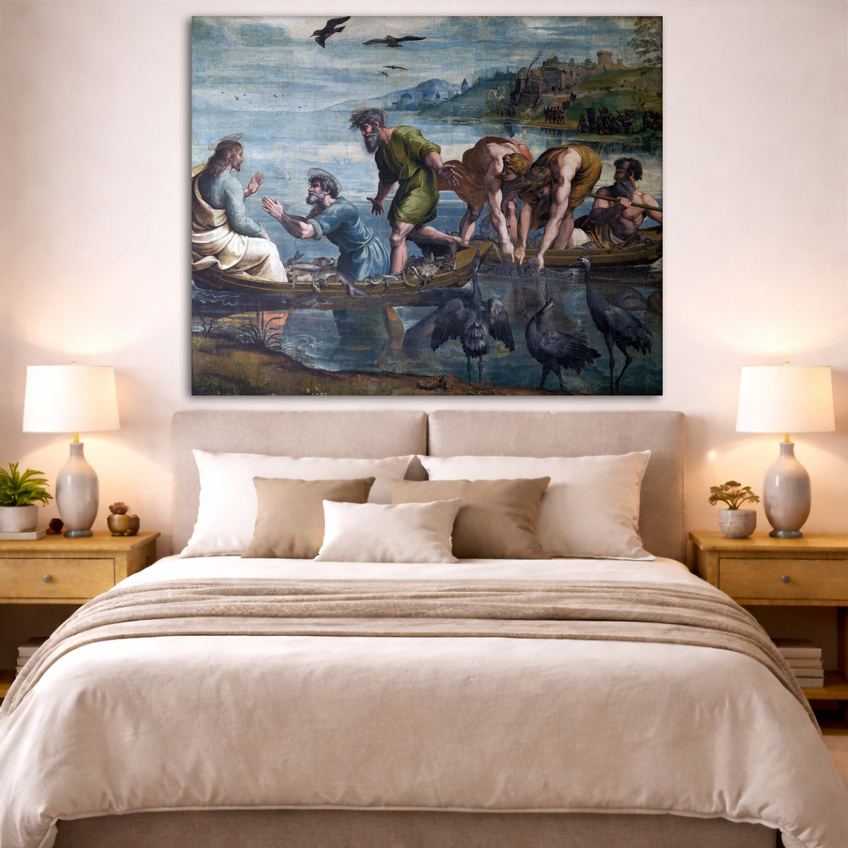 Raphael - Miraculous Draught of Fishes Giclée canvas print displayed above a bed in a bedroom interior