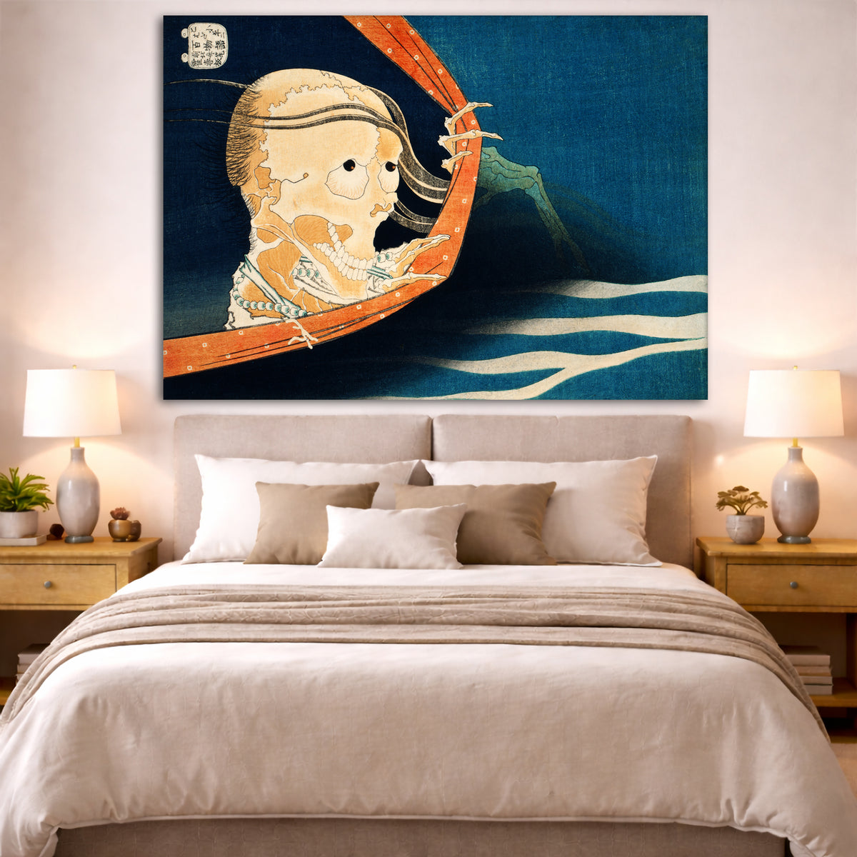 Katsushika Hokusai - Ghost of Kohada Koheiji Giclée canvas print displayed above a bed in a bedroom interior