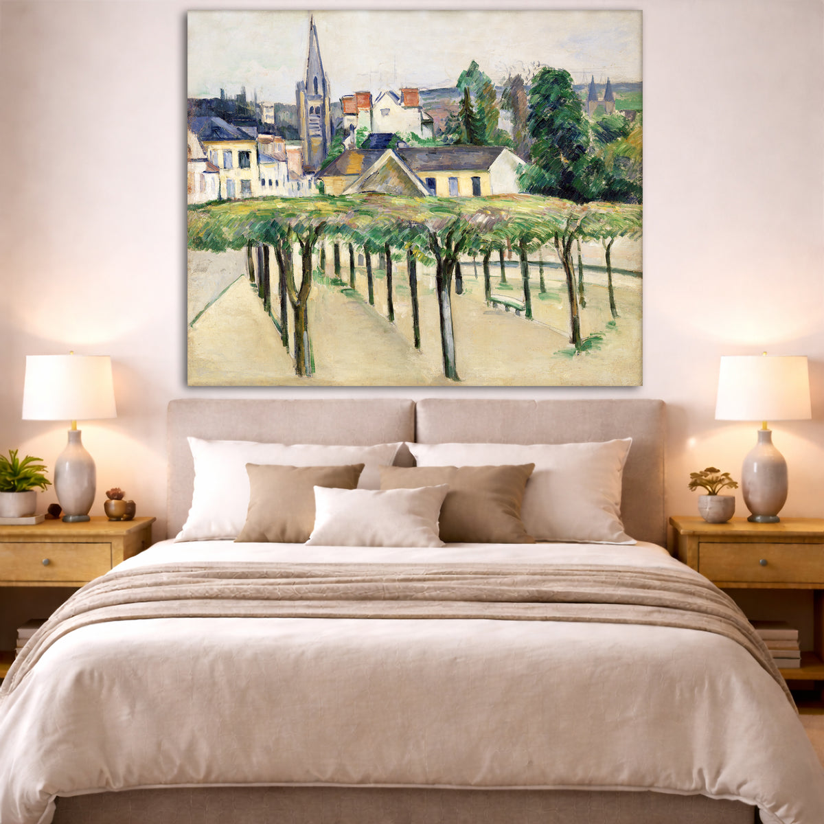 Paul Cézanne - Village Square Giclée canvas print displayed above a bed in a bedroom interior