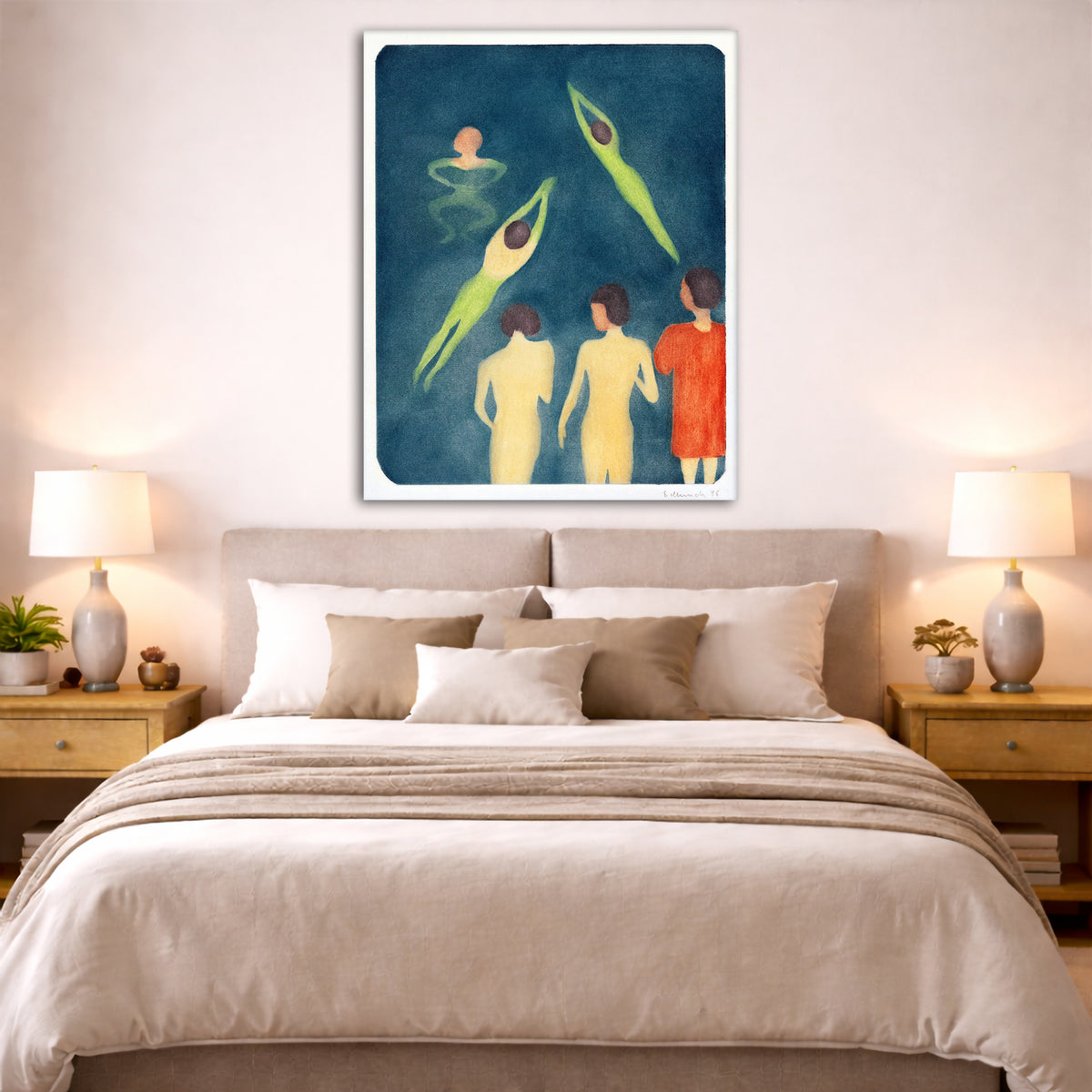 Edvard Munch - Bathing Boys Giclée canvas print displayed above a bed in a bedroom interior