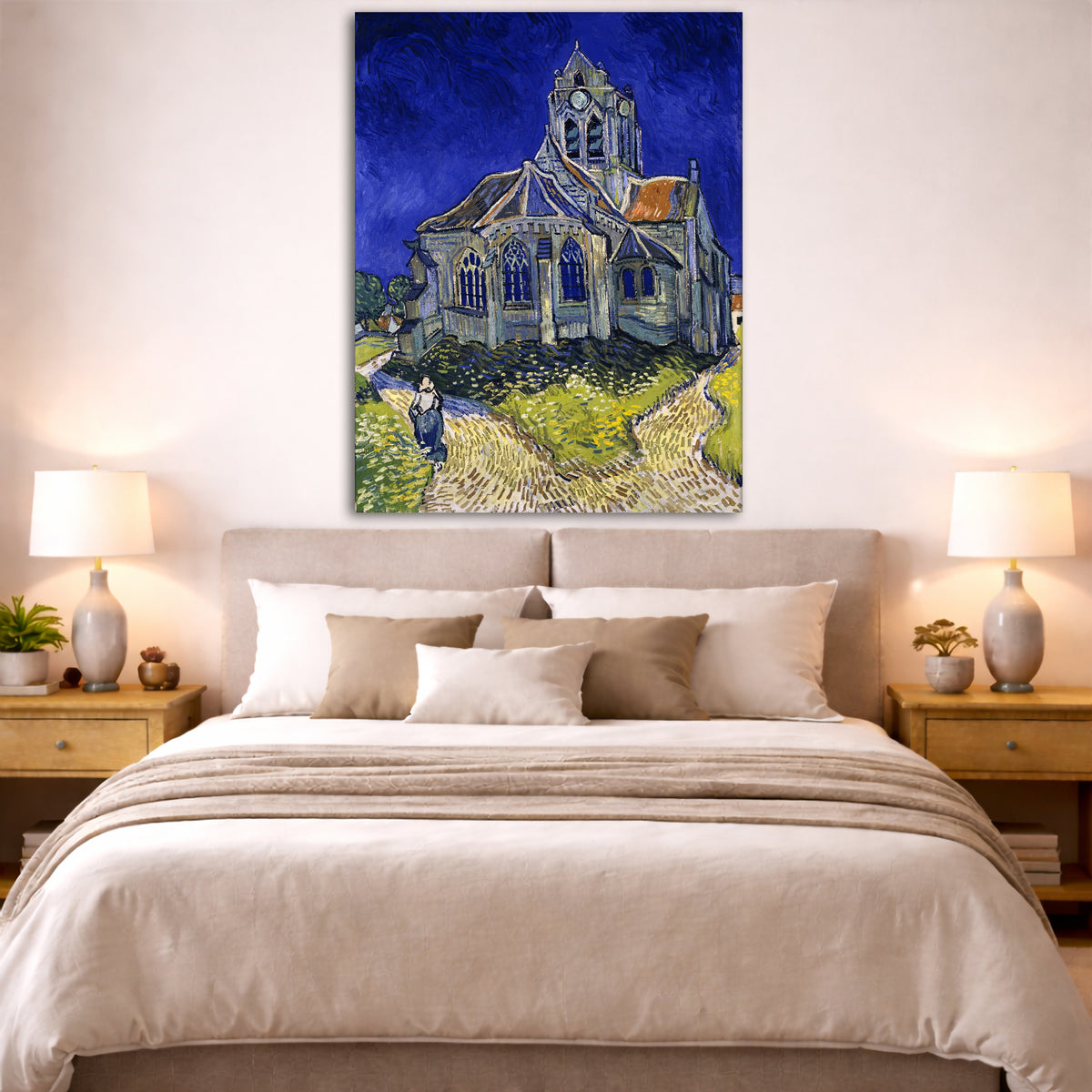 Vincent van Gogh - The Church at Auvers Giclée canvas print displayed above a bed in a bedroom interior