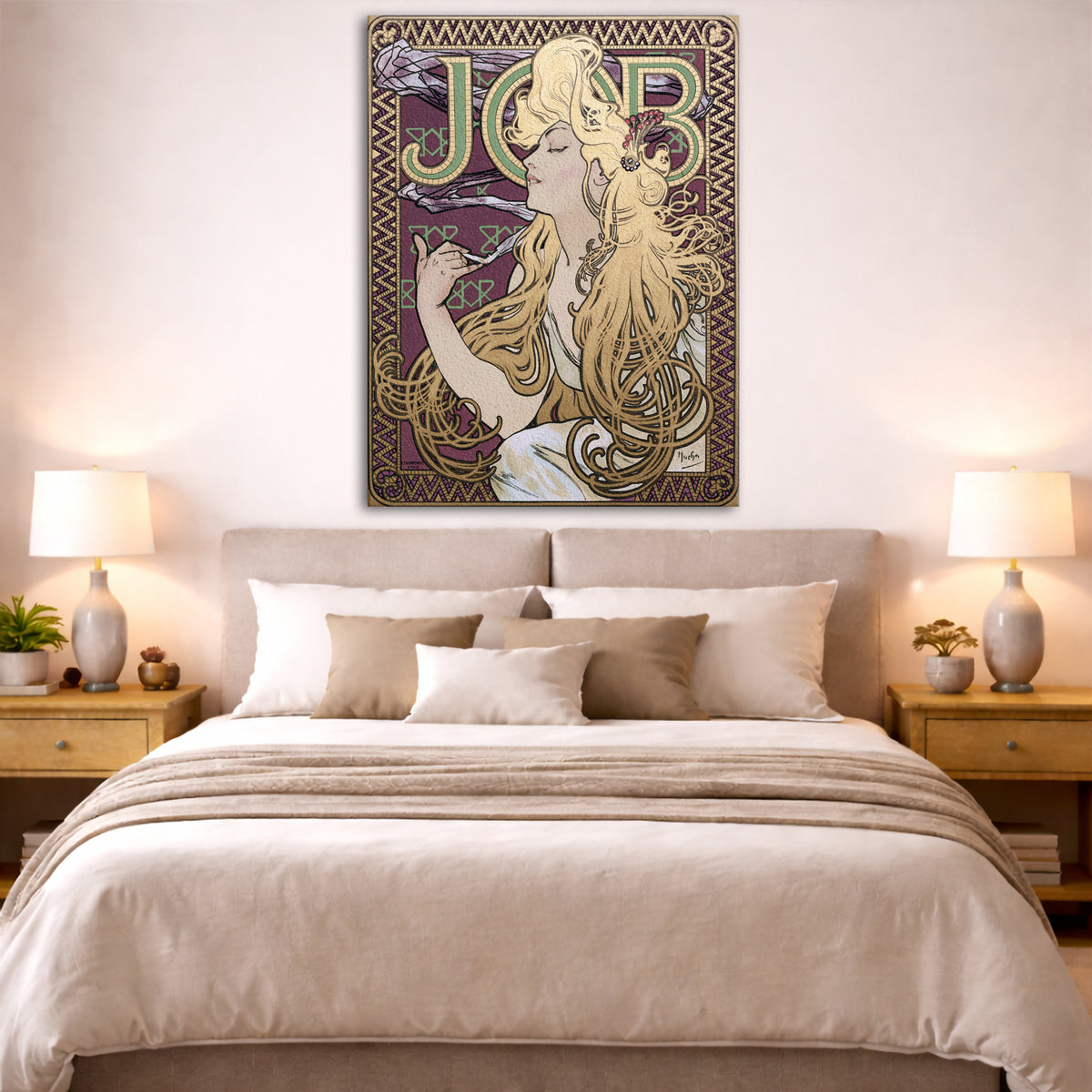Alphonse Mucha - – Job 1896 Giclée canvas print displayed above a bed in a bedroom interior