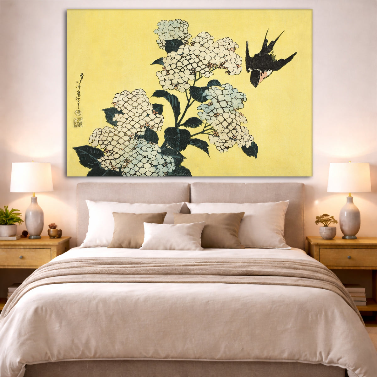 Katsushika Hokusai - Hydrangeas and Swallow Giclée canvas print displayed above a bed in a bedroom interior