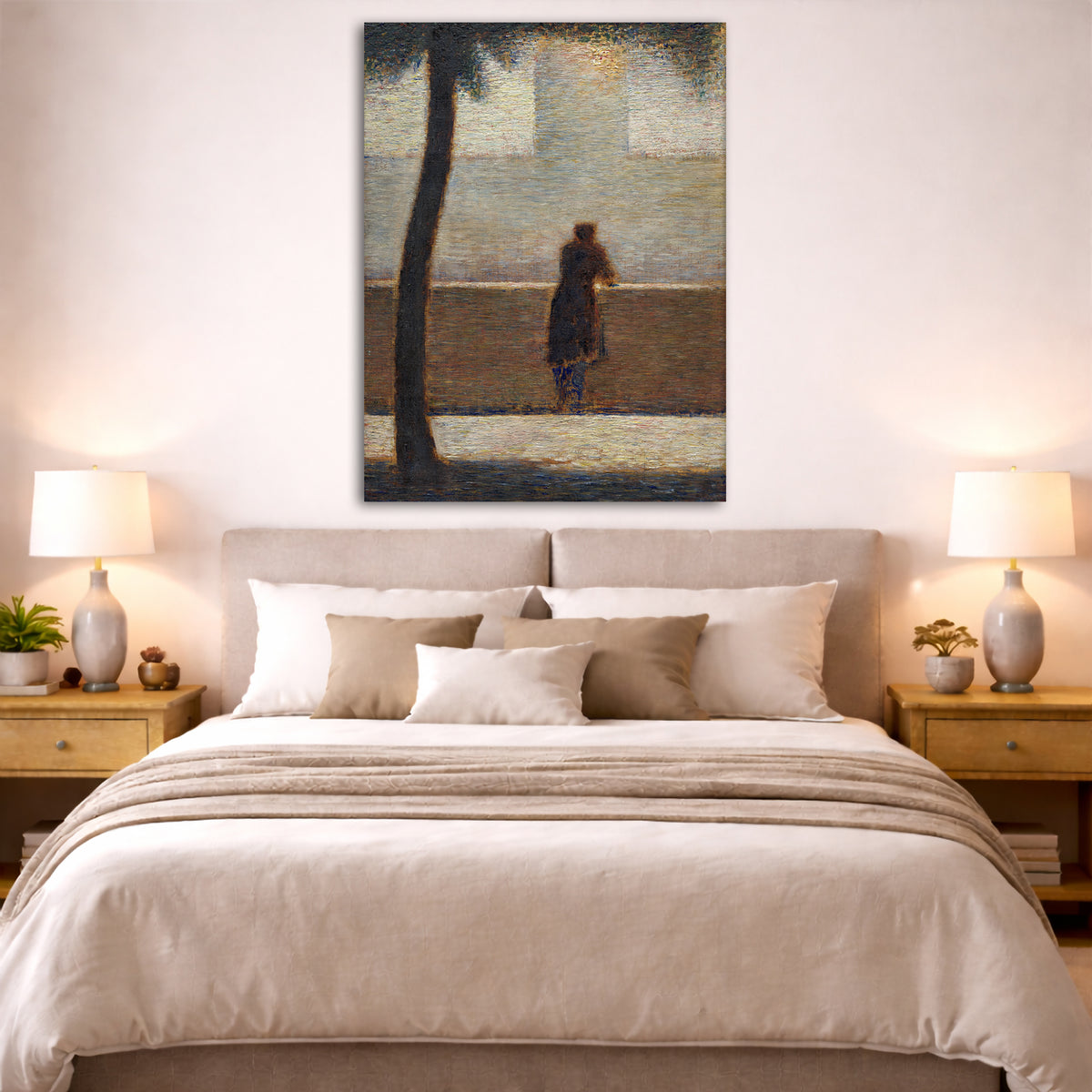 Georges Seurat - Man Leaning on a Parapet Giclée canvas print displayed above a bed in a bedroom interior