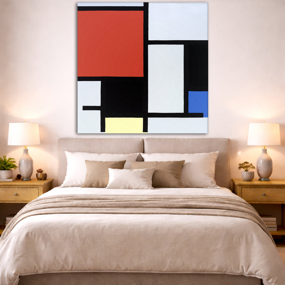 Piet Mondrian - Composition Giclée canvas print displayed above a bed in a bedroom interior