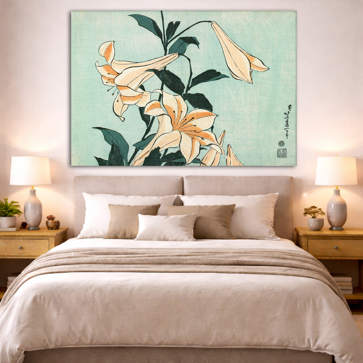 Katsushika Hokusai - Lilies Giclée canvas print displayed above a bed in a bedroom interior
