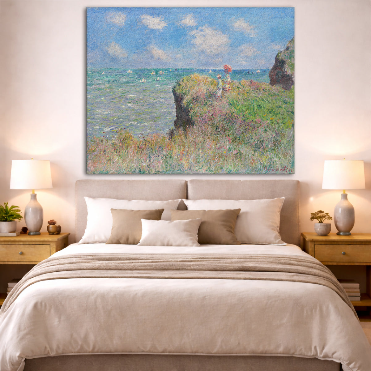 Claude Monet - Cliff Walk at Pourville Giclée canvas print displayed above a bed in a bedroom interior