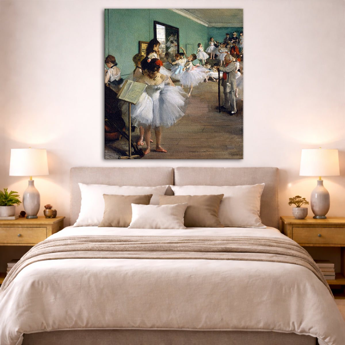 Edgar Degas - The Ballet Class Giclée canvas print displayed above a bed in a bedroom interior