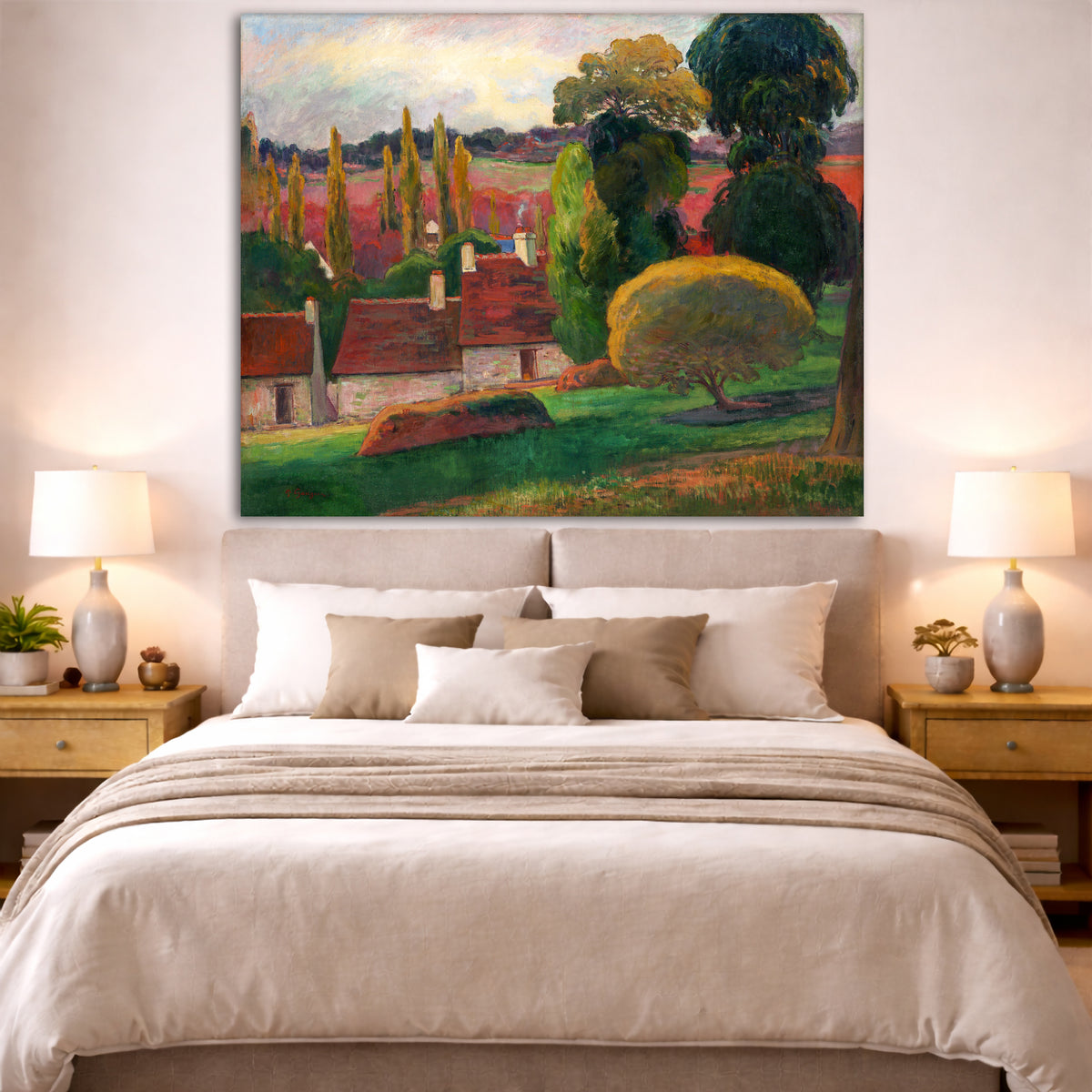 Paul Gauguin - A Farm in Brittany Giclée canvas print displayed above a bed in a bedroom interior