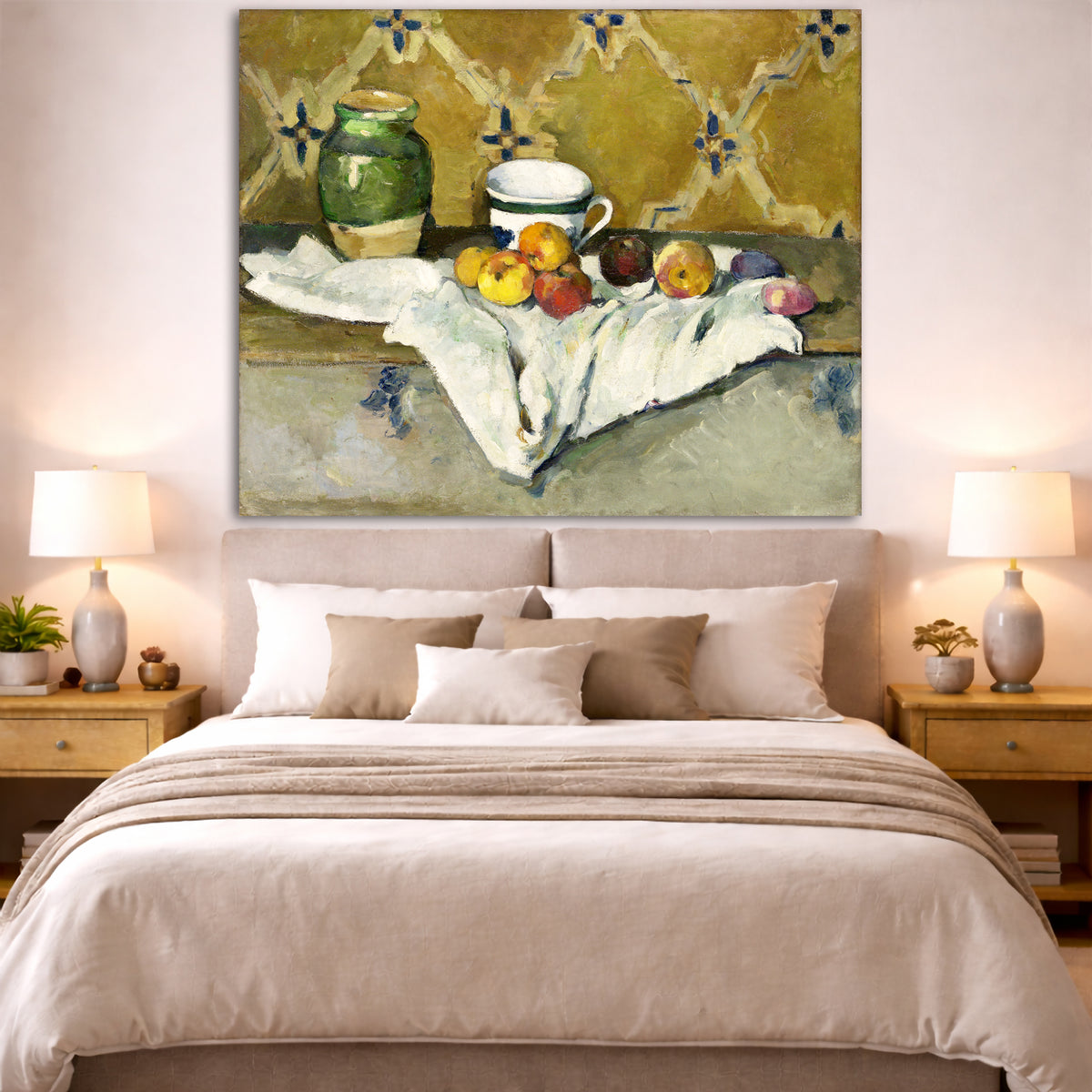 Paul Cézanne - Still Life with Pot, Cup, and Apples Giclée canvas print displayed above a bed in a bedroom interior