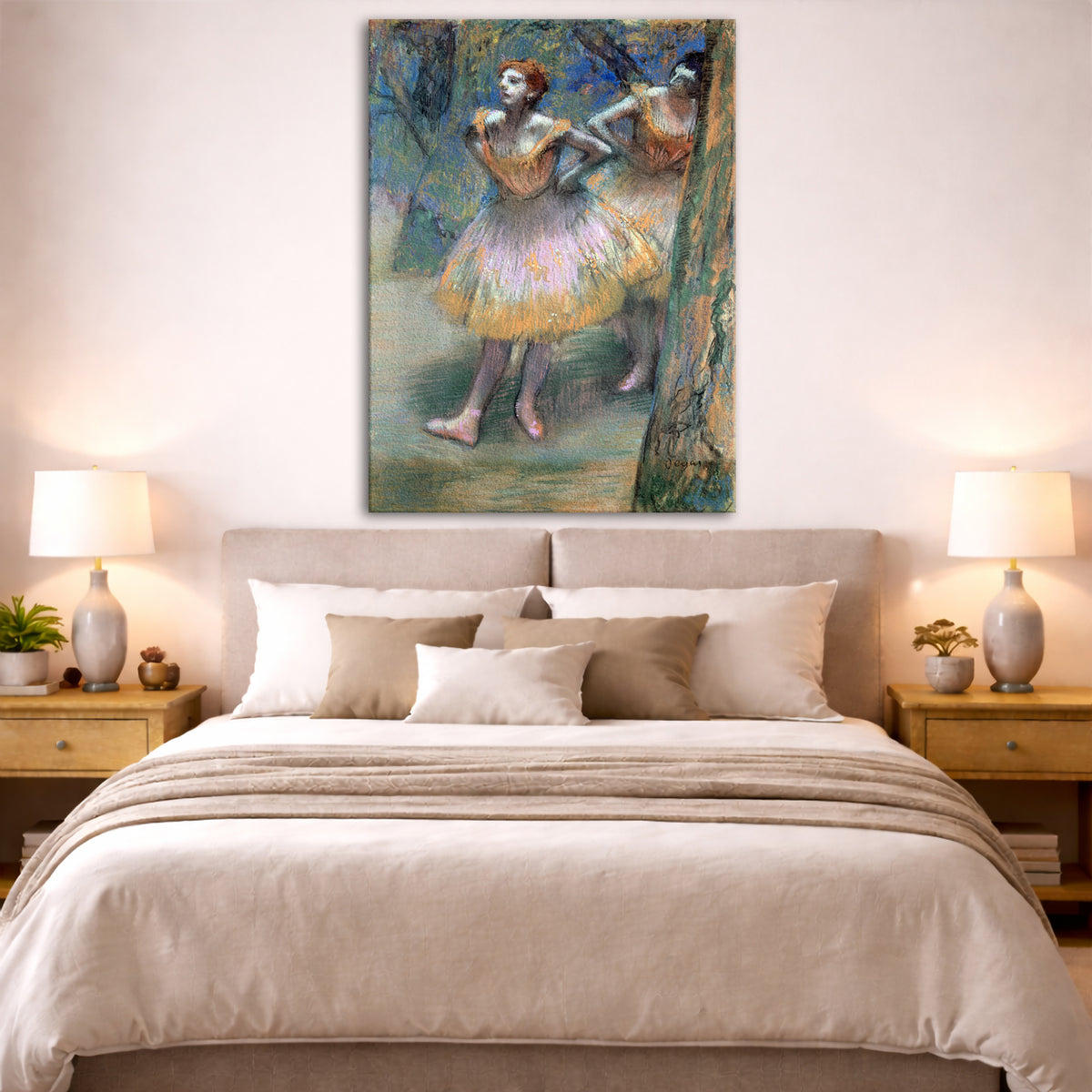 Edgar Degas - Two Dancers 1874 Giclée canvas print displayed above a bed in a bedroom interior
